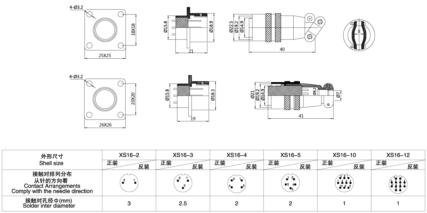 圓形連接器XS16系列(方卡扣式)3T-12T結構圖及技術參數(shù)